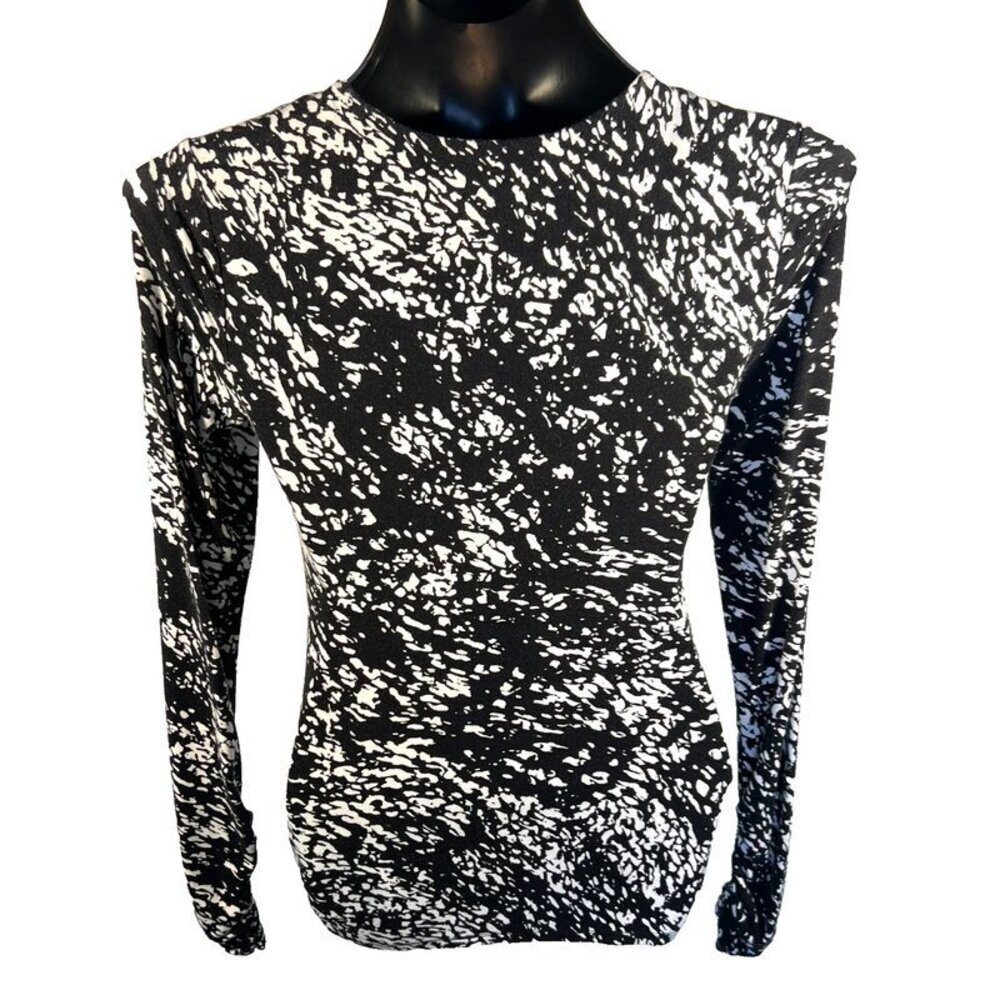 Elie Tahari - Women's S/M Blouse Black White Abstract Print Long Ruched Sleeves - Picture 11 of 16